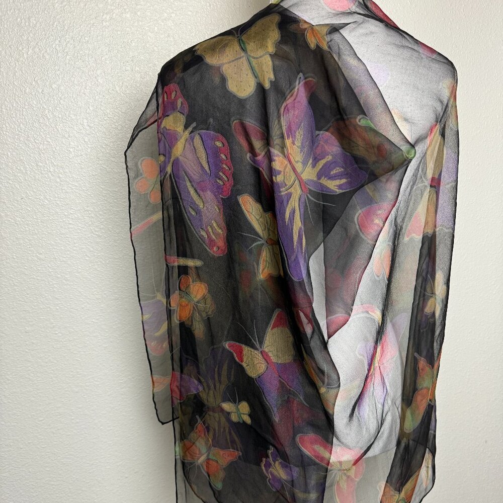 REDfish DESIGNS Vintage 100%  Silk Scarf Hand Rolled Black Butterflies